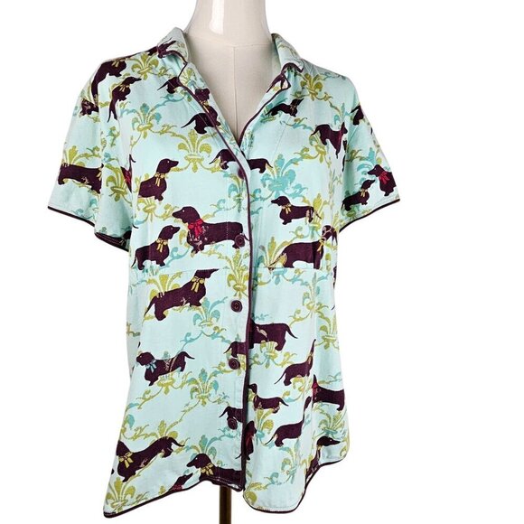 Soma PJs Large Dachshund Dog Print Button-Up Pajama Top Cotton Green S/S - Picture 1 of 7